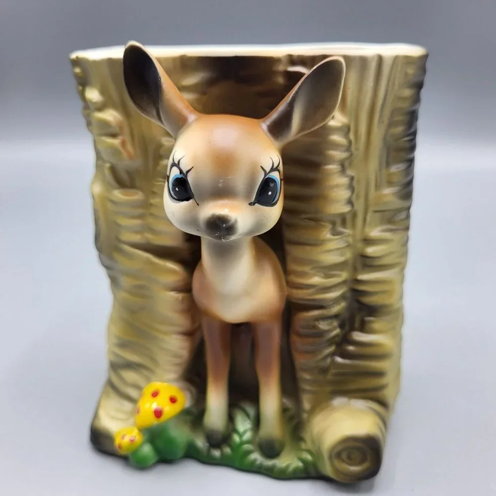 Vintage MCM Bambi Deer Vase Kitchy Planter Deer & Mushrooms Ceramic Table Decor - Picture 15 of 16